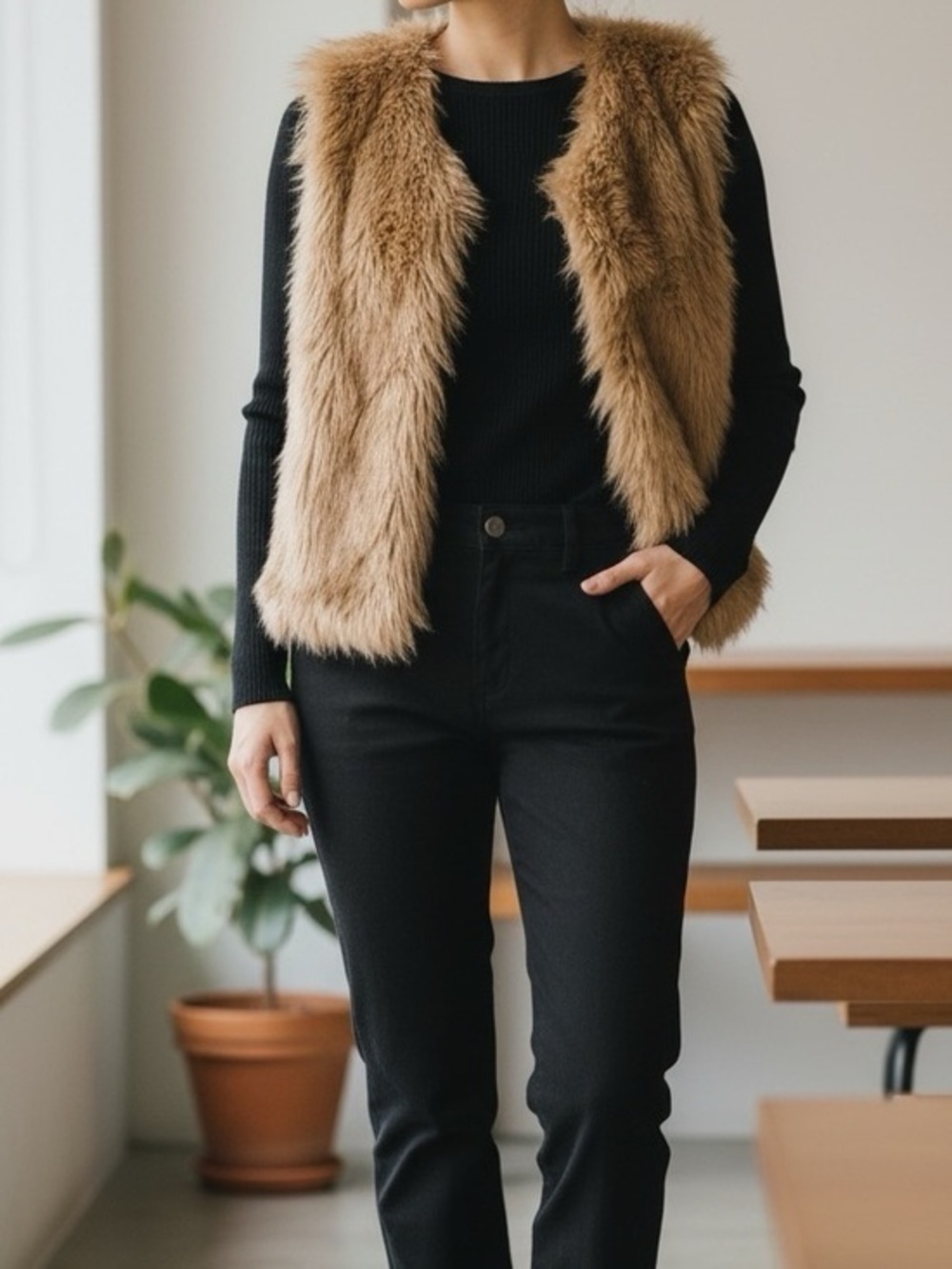 Daniel Faux Fur Shearling Brown with Black Accent Bohemian Vest Size M